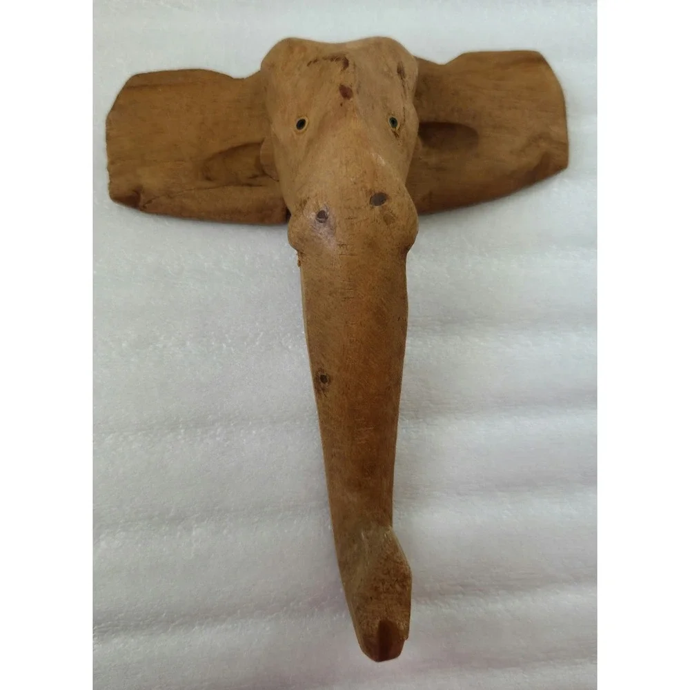 Vintage Carved Wooden Elephant Head Wall Hook Decor Ears Wall‎ Handmade